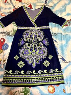 Navy Wrap-Style Dress with Purple & Lime Paisley Medallion Sz 14